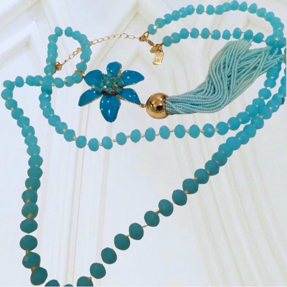 Kate Spade Turquoise Lovely Lillies Glass Beaded Beads Tassel Necklace - Picture 3 of 6